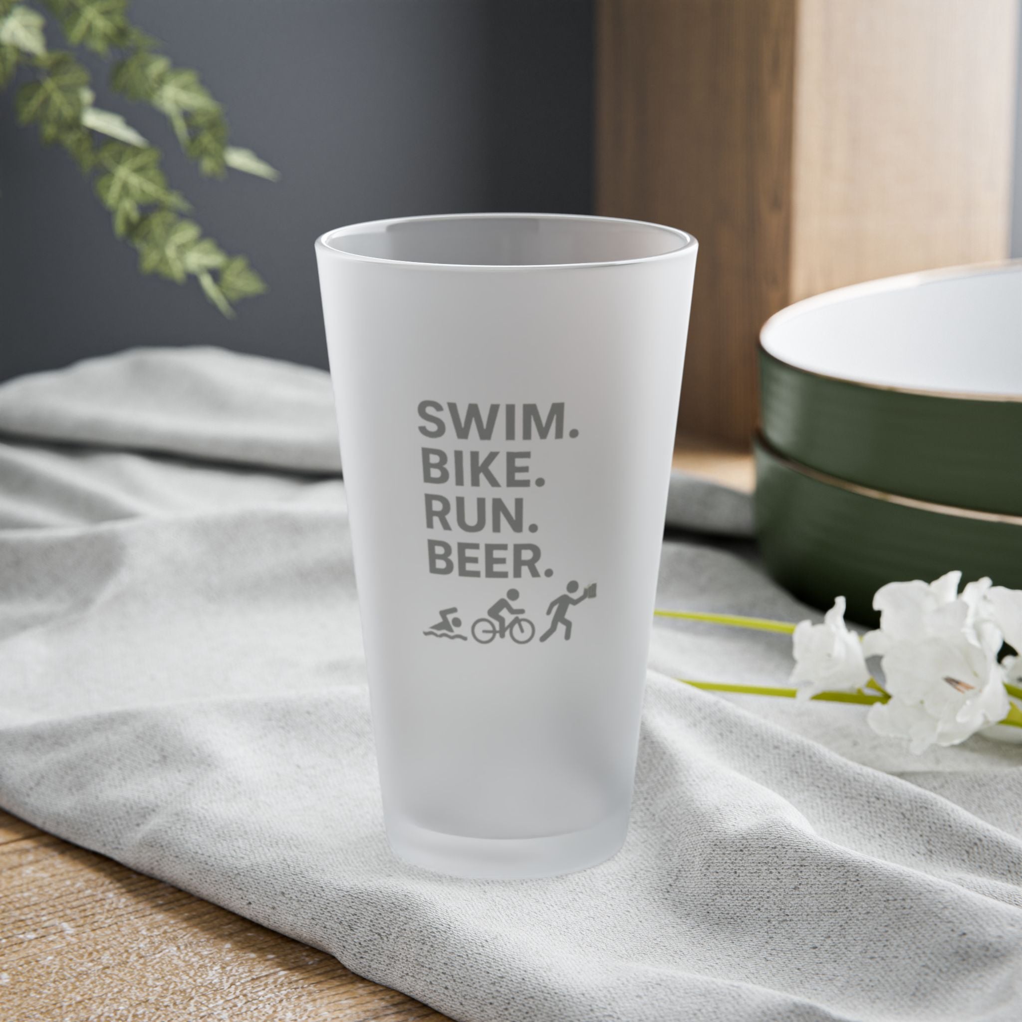 Swim. Bike. Run. Beer. Frosted 16oz Pint Glass